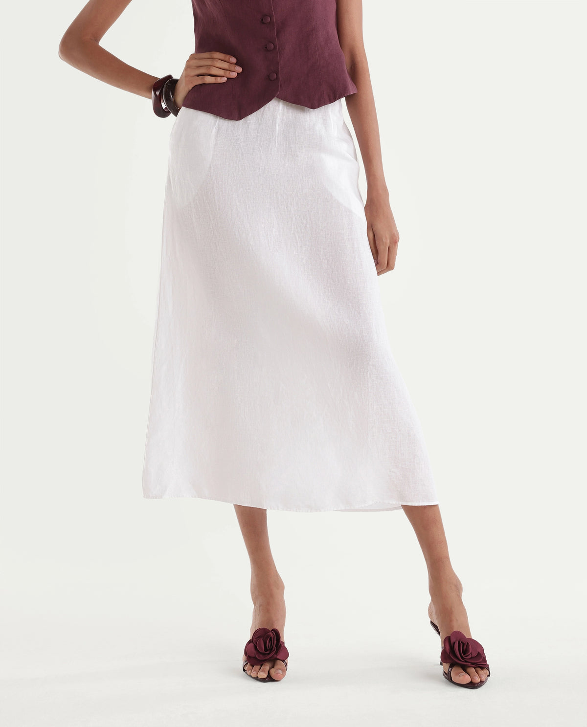 Rareism Women Lily-B Light White 100% Linen Plain A-Line Skirt