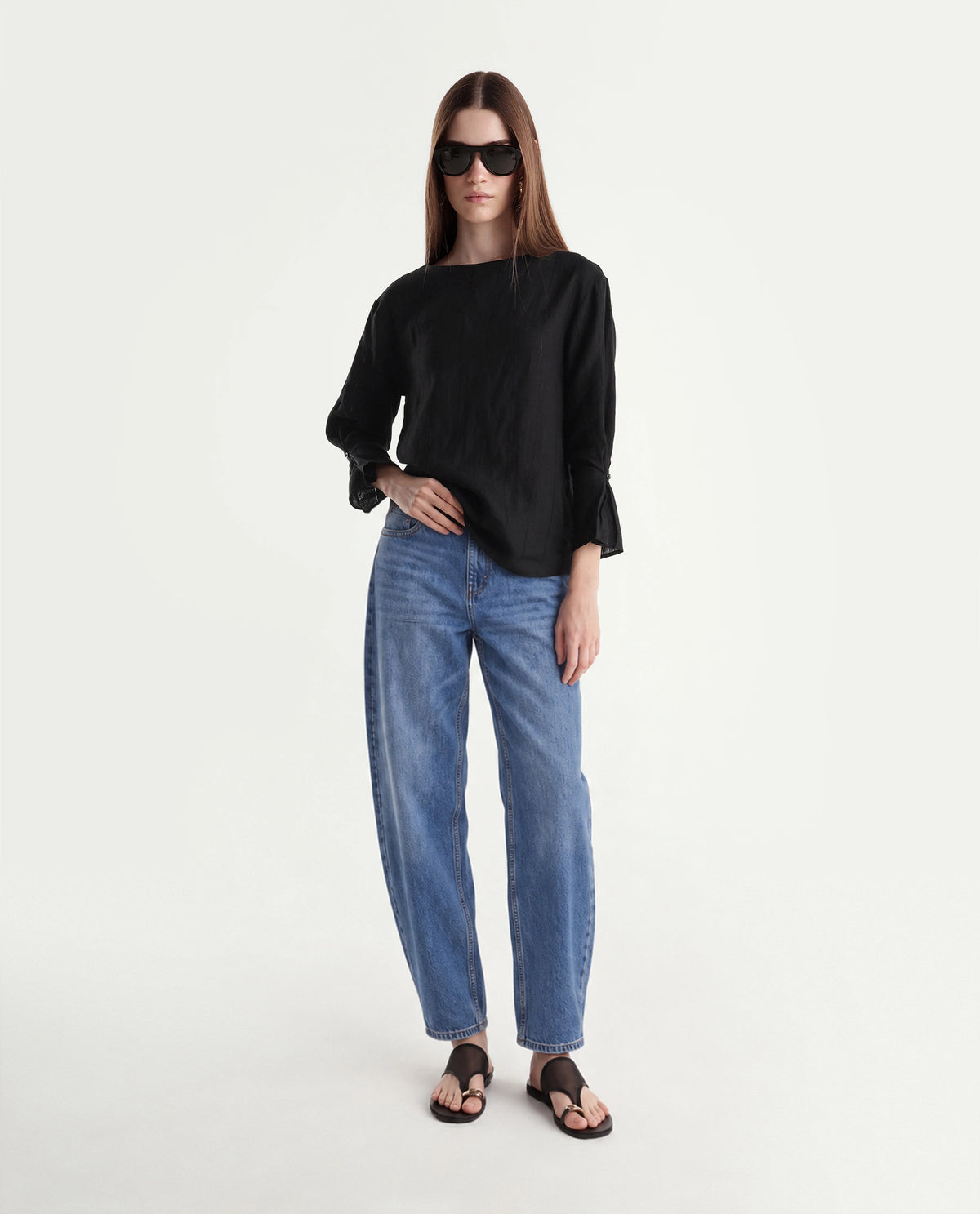 Rareism Women Leo Dark Black 100% Linen Boat Neck Plain Relaxed Top