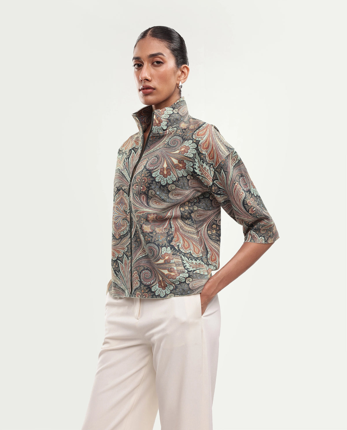 Rareism Women Vasaaw26 Primary Blue Polyester Blend Stand Collar Printed Regular Jacket