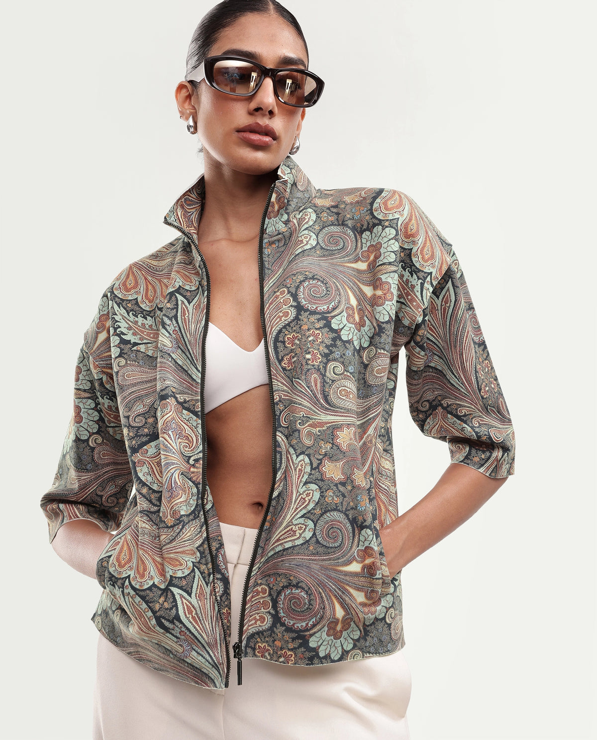 Rareism Women Vasaaw26 Primary Blue Polyester Blend Stand Collar Printed Regular Jacket
