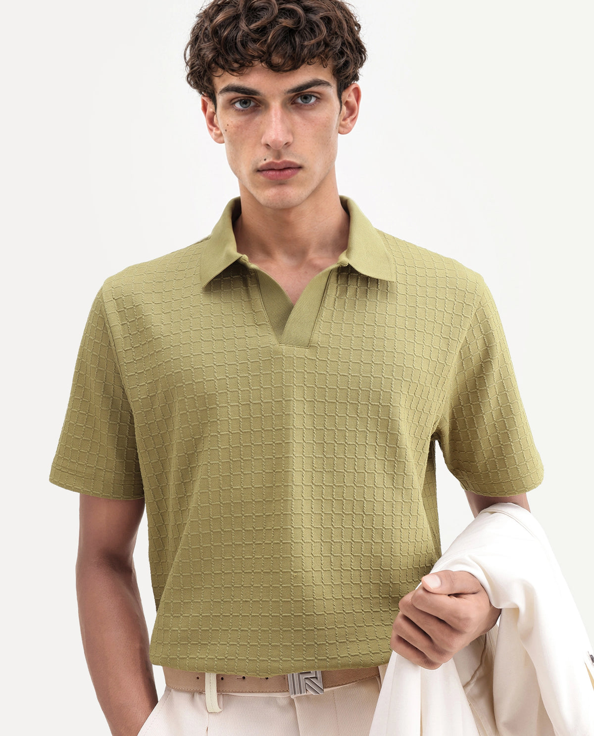 Rare Rabbit Men Devor Primary Olive Polyester Blend Jonny Collar Plain Regular Polo