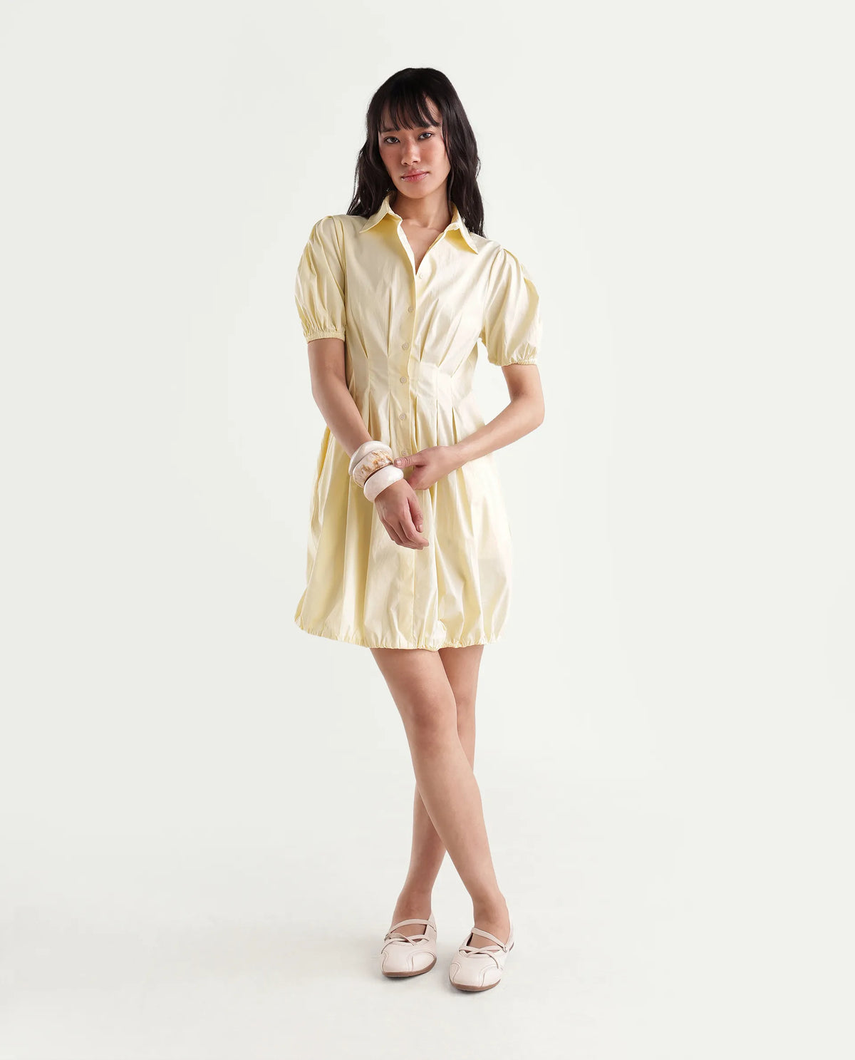 Rareism Women Onjug Primary Yellow Cotton Blend Spread Collar Plain Balloon Dress