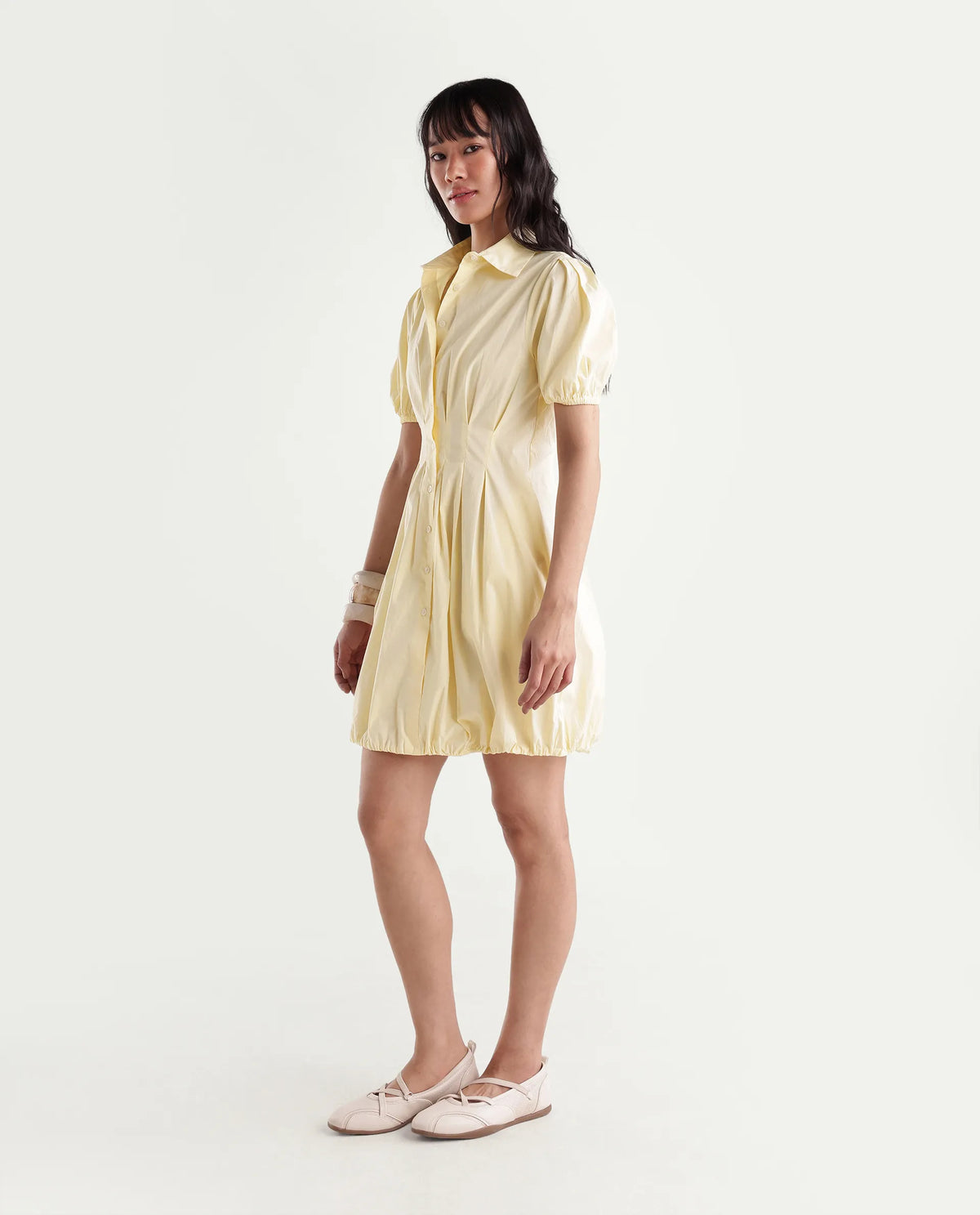 Rareism Women Onjug Primary Yellow Cotton Blend Spread Collar Plain Balloon Dress