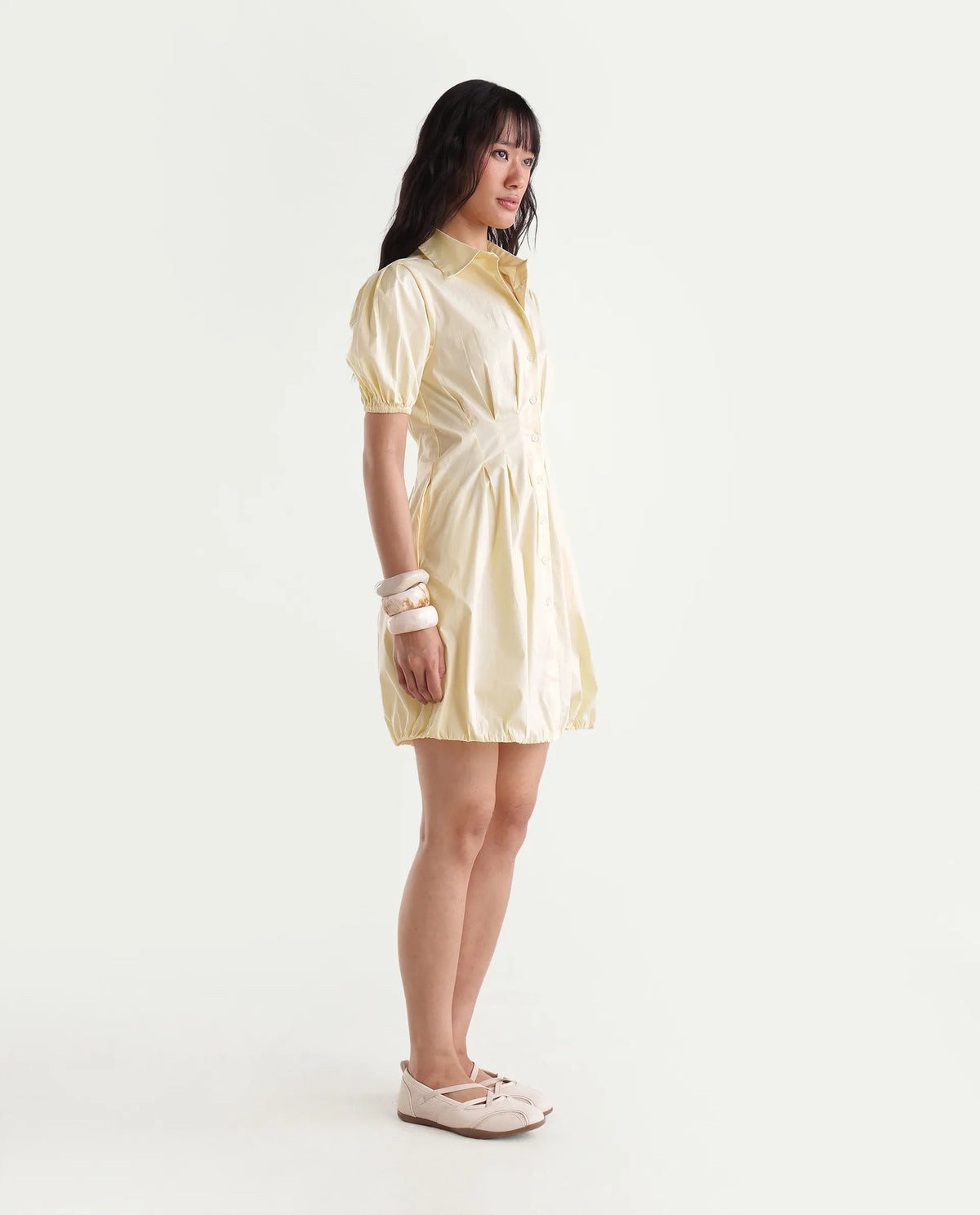 Rareism Women Onjug Primary Yellow Cotton Blend Spread Collar Plain Balloon Dress