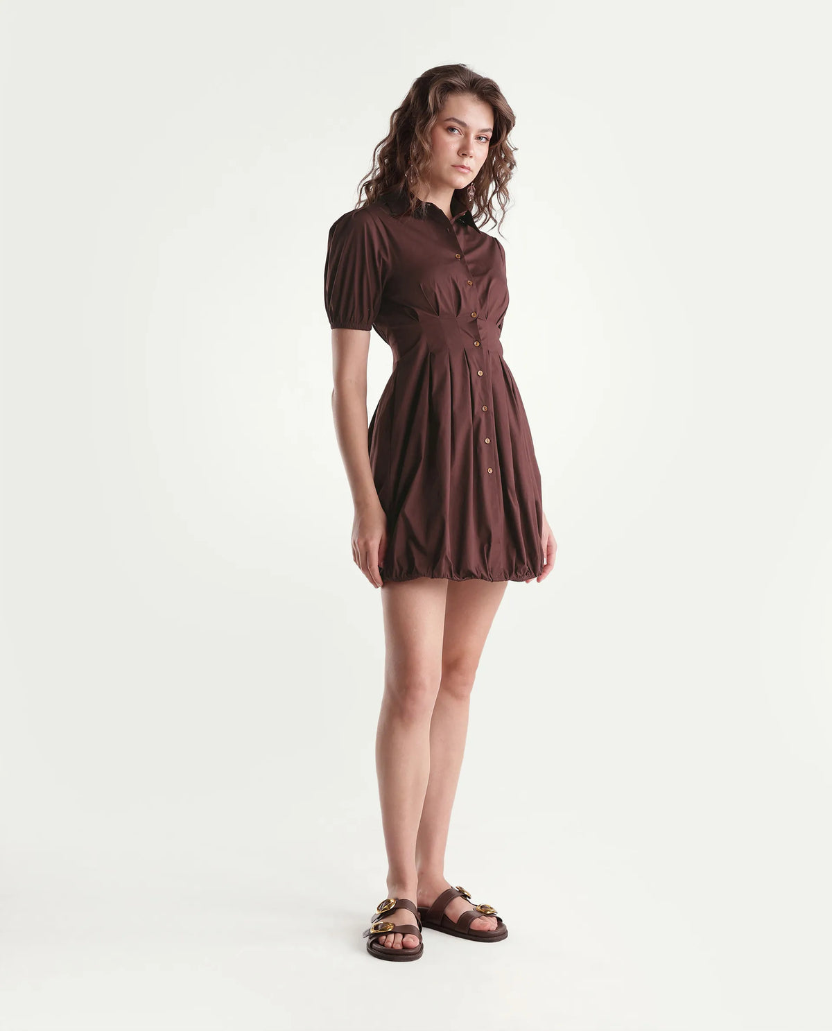 Rareism Women Onjug Primary Brown Cotton Blend Spread Collar Plain Balloon Dress