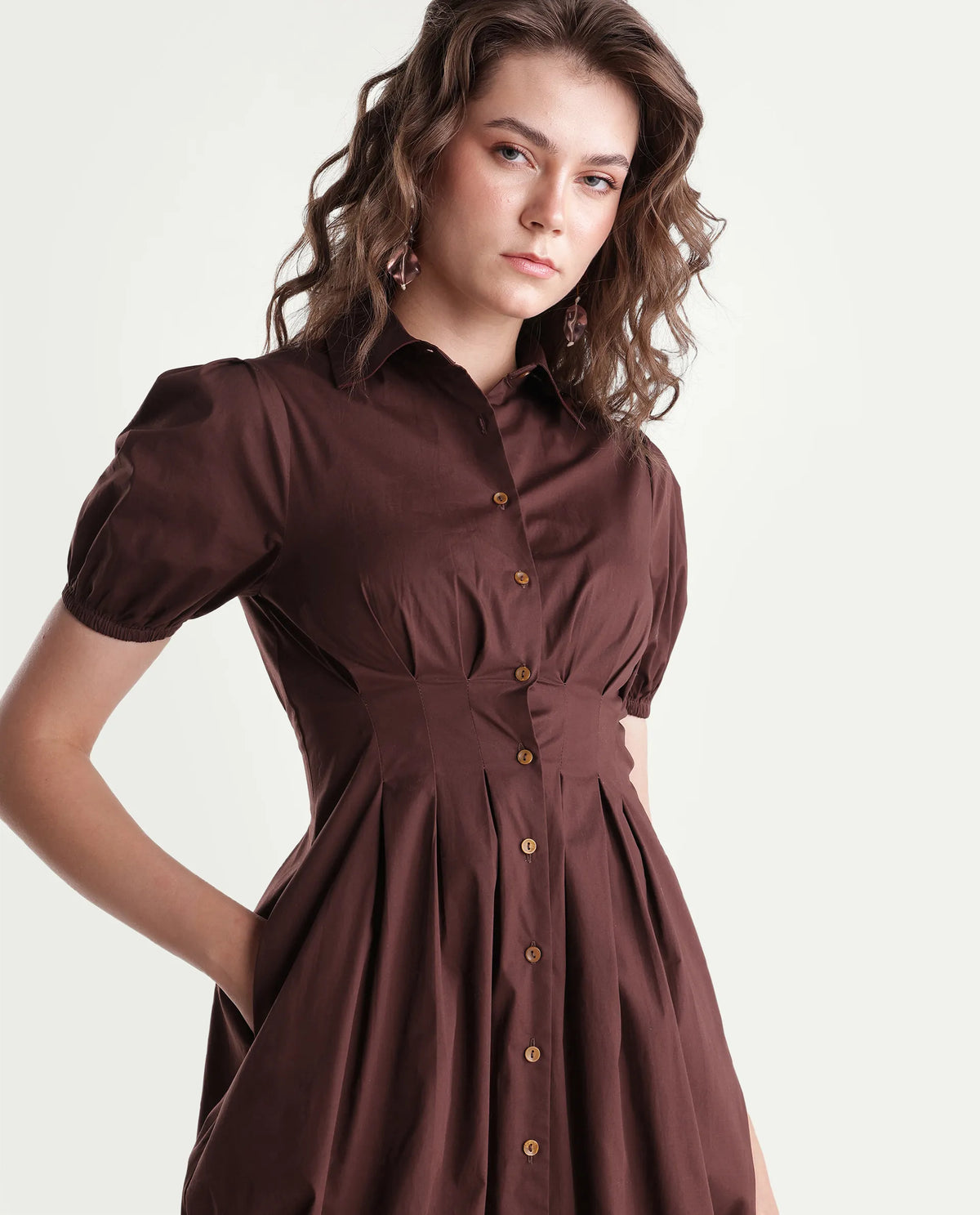 Rareism Women Onjug Primary Brown Cotton Blend Spread Collar Plain Balloon Dress