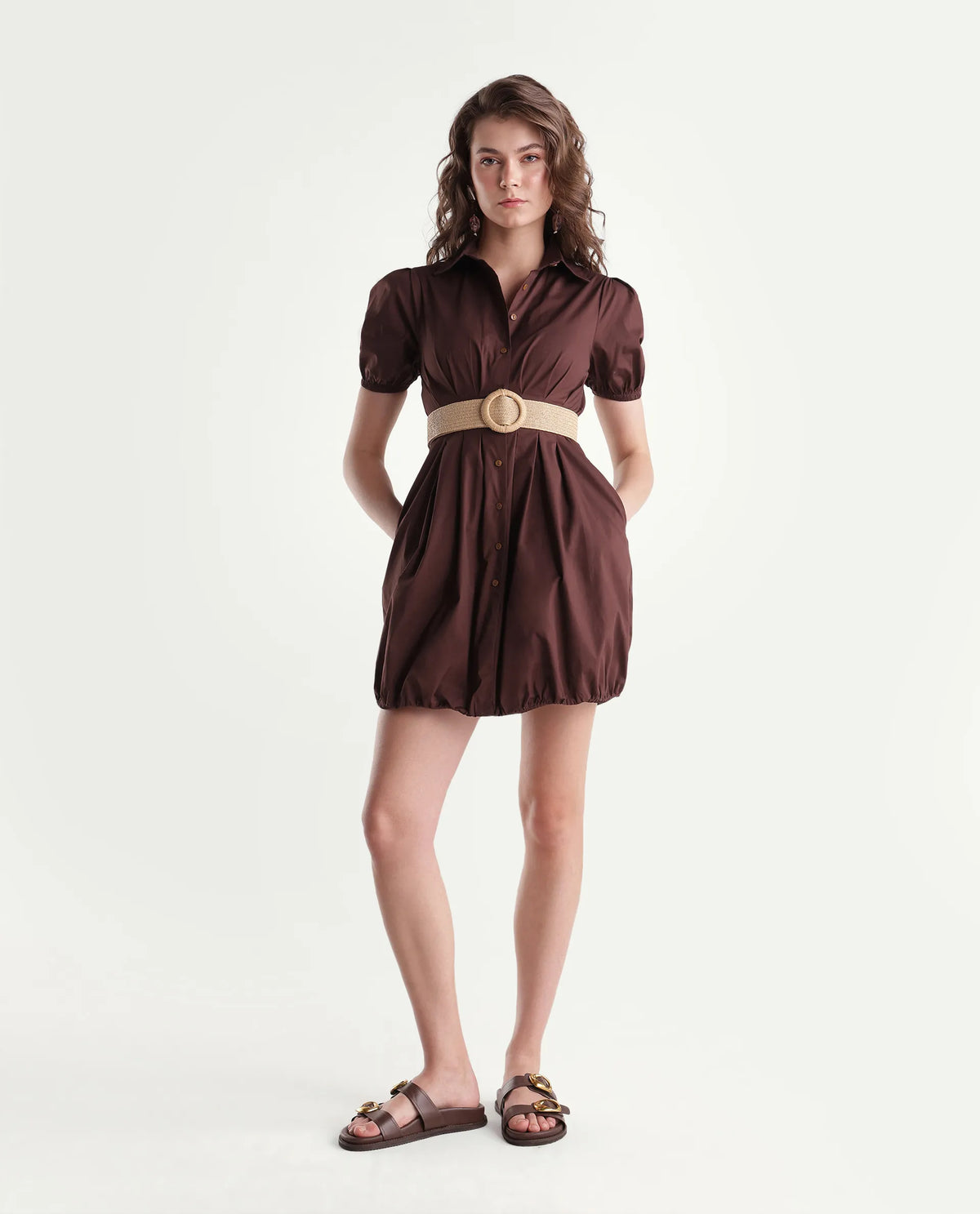 Rareism Women Onjug Primary Brown Cotton Blend Spread Collar Plain Balloon Dress