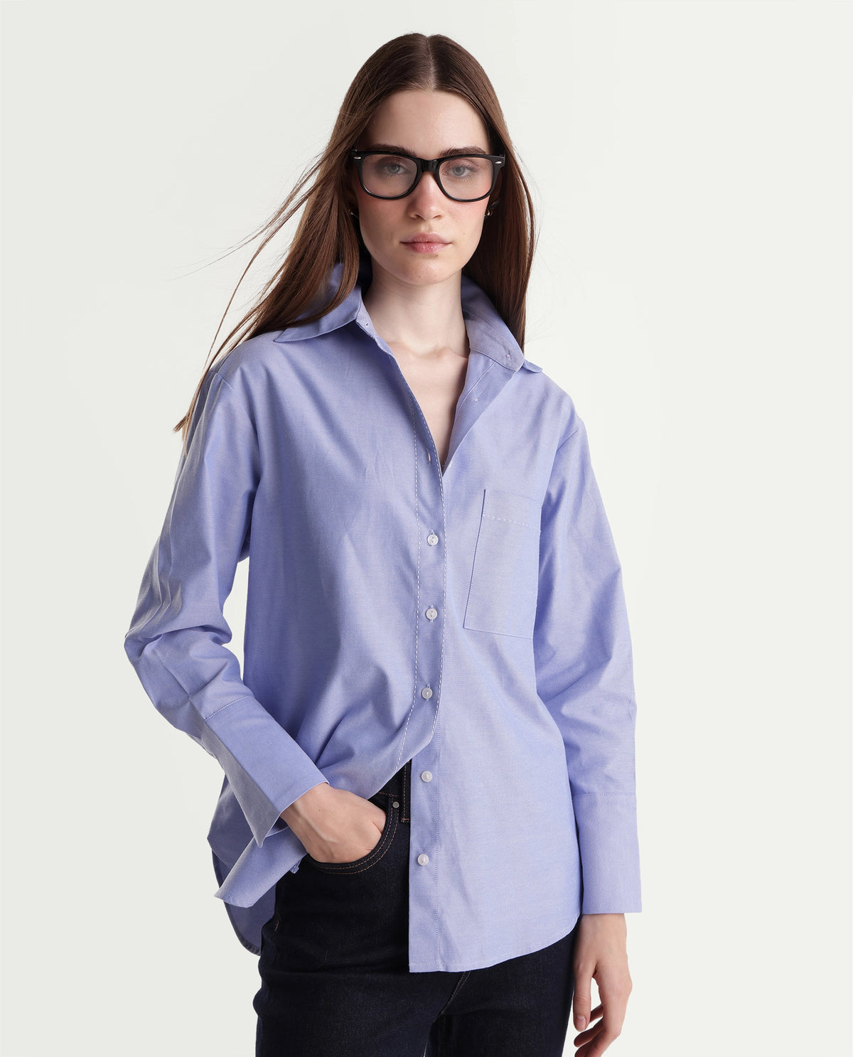 Rareism Women Onre Light Blue Cotton Blend Spread Collar Plain Regular Shirt