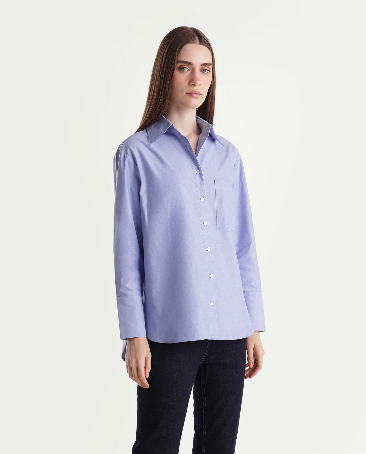 Rareism Women Onre Light Blue Cotton Blend Spread Collar Plain Regular Shirt