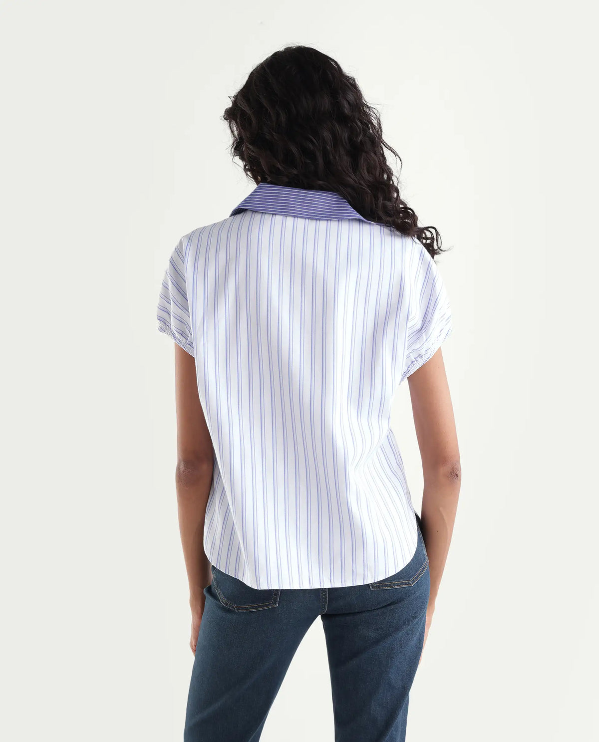 Rareism Women Onti Primary Off White Polyester Blend Spread Collar Striped Regular Shirt