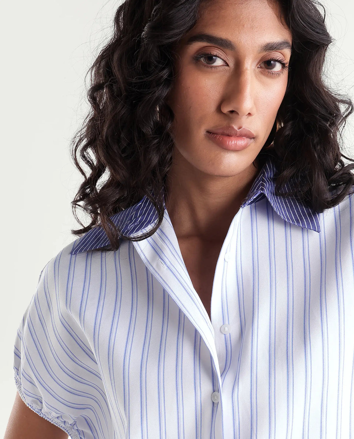 Rareism Women Onti Primary Off White Polyester Blend Spread Collar Striped Regular Shirt