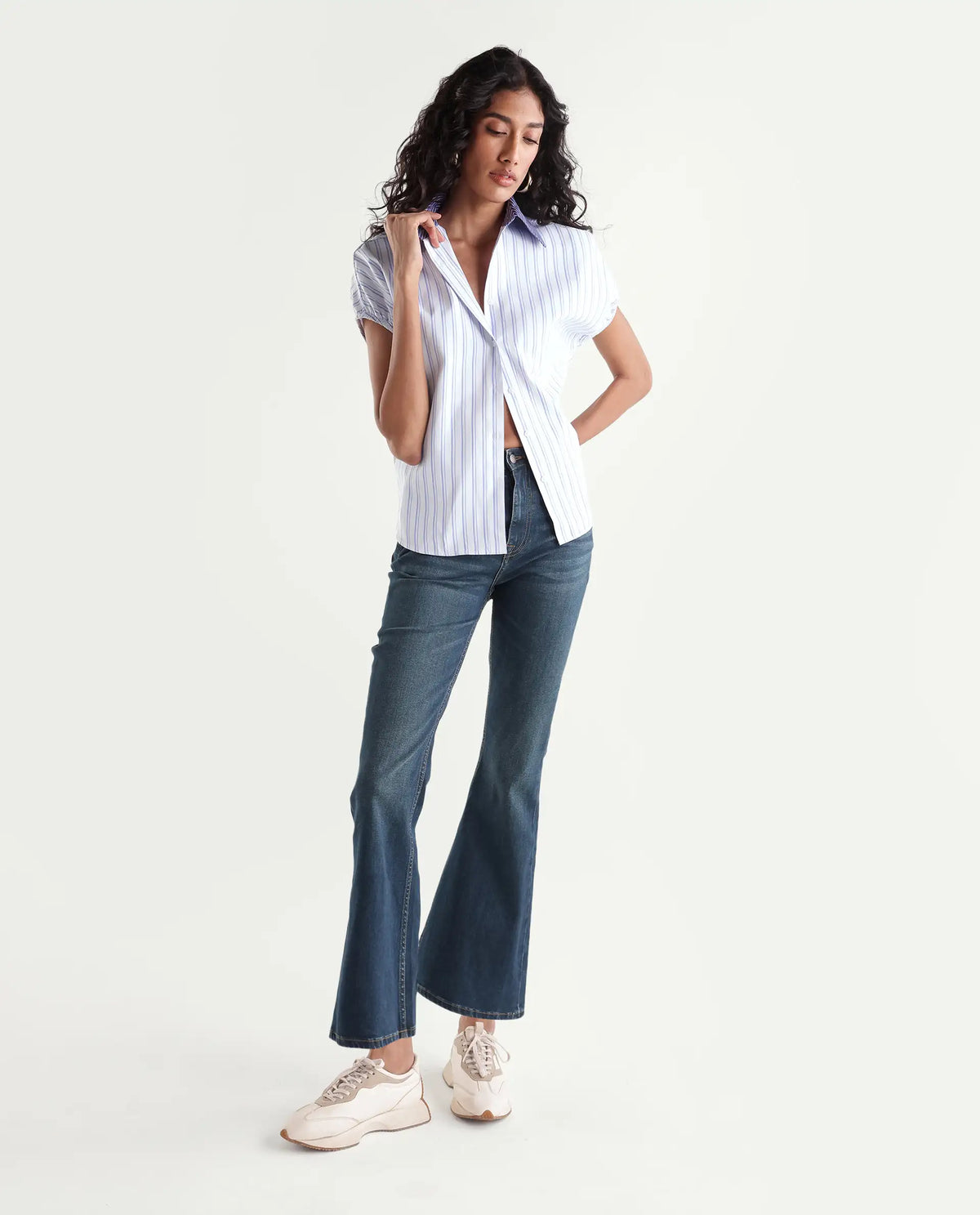 Rareism Women Onti Primary Off White Polyester Blend Spread Collar Striped Regular Shirt