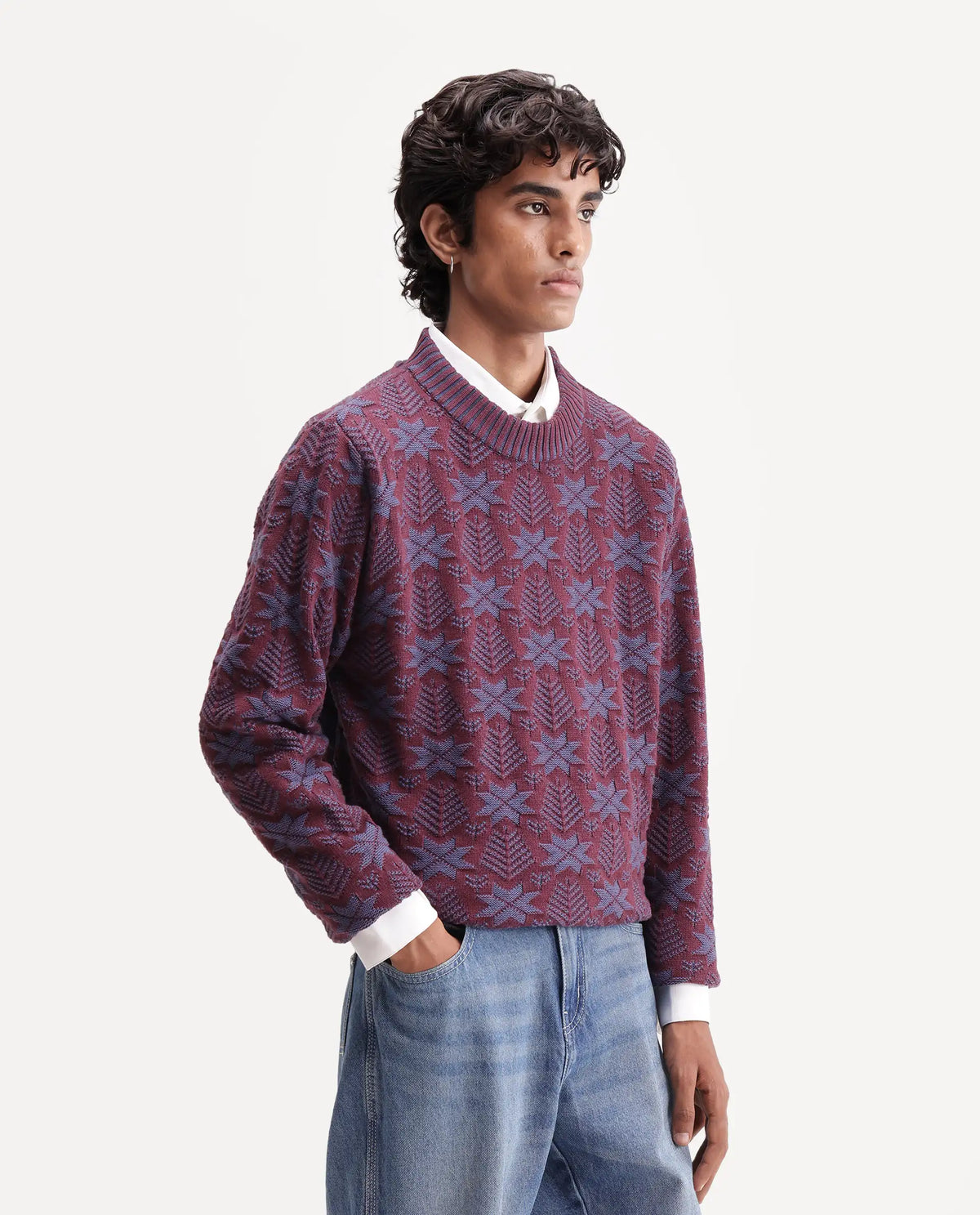 Rare Rabbit Men Plom Dark Purple Cotton Crew Neck Regular Jacquard Sweater
