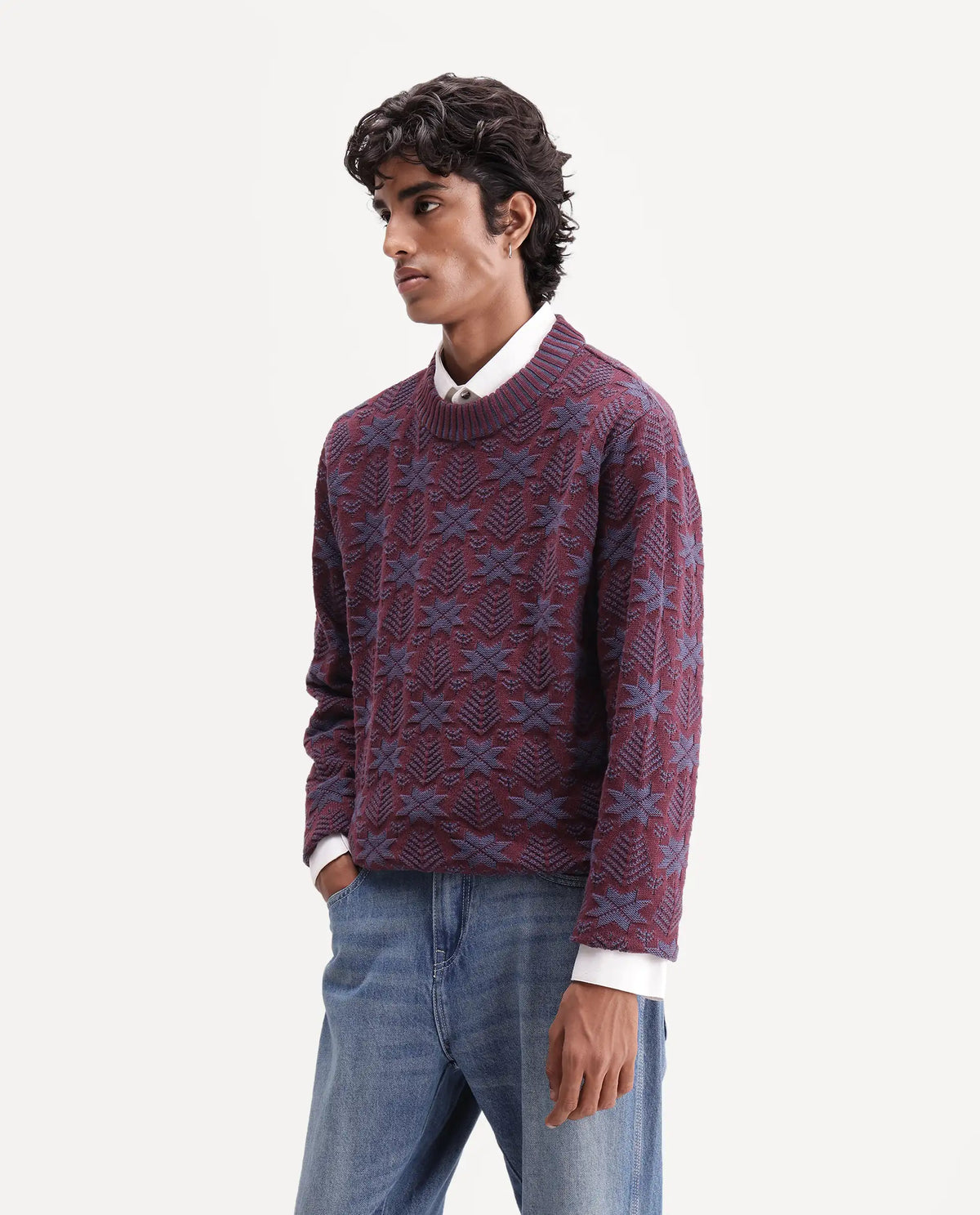 Rare Rabbit Men Plom Dark Purple Cotton Crew Neck Regular Jacquard Sweater