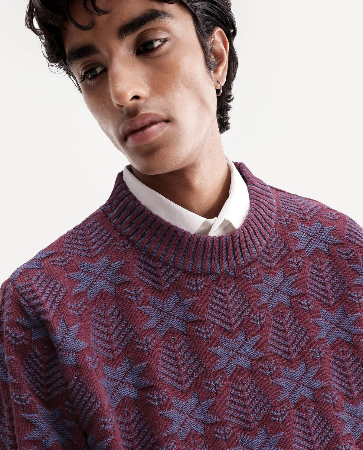 Rare Rabbit Men Plom Dark Purple Cotton Crew Neck Regular Jacquard Sweater