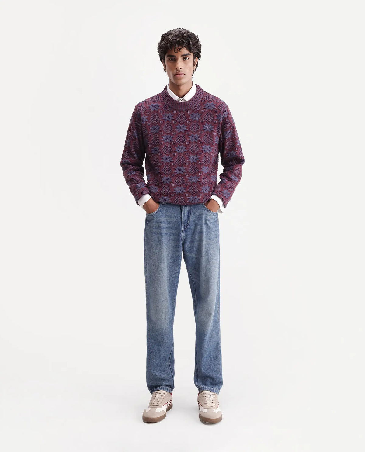 Rare Rabbit Men Plom Dark Purple Cotton Crew Neck Regular Jacquard Sweater
