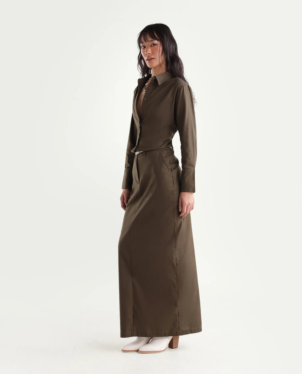 Rareism Women Onwop-B Primary Olive Cotton Plain Straight Skirt