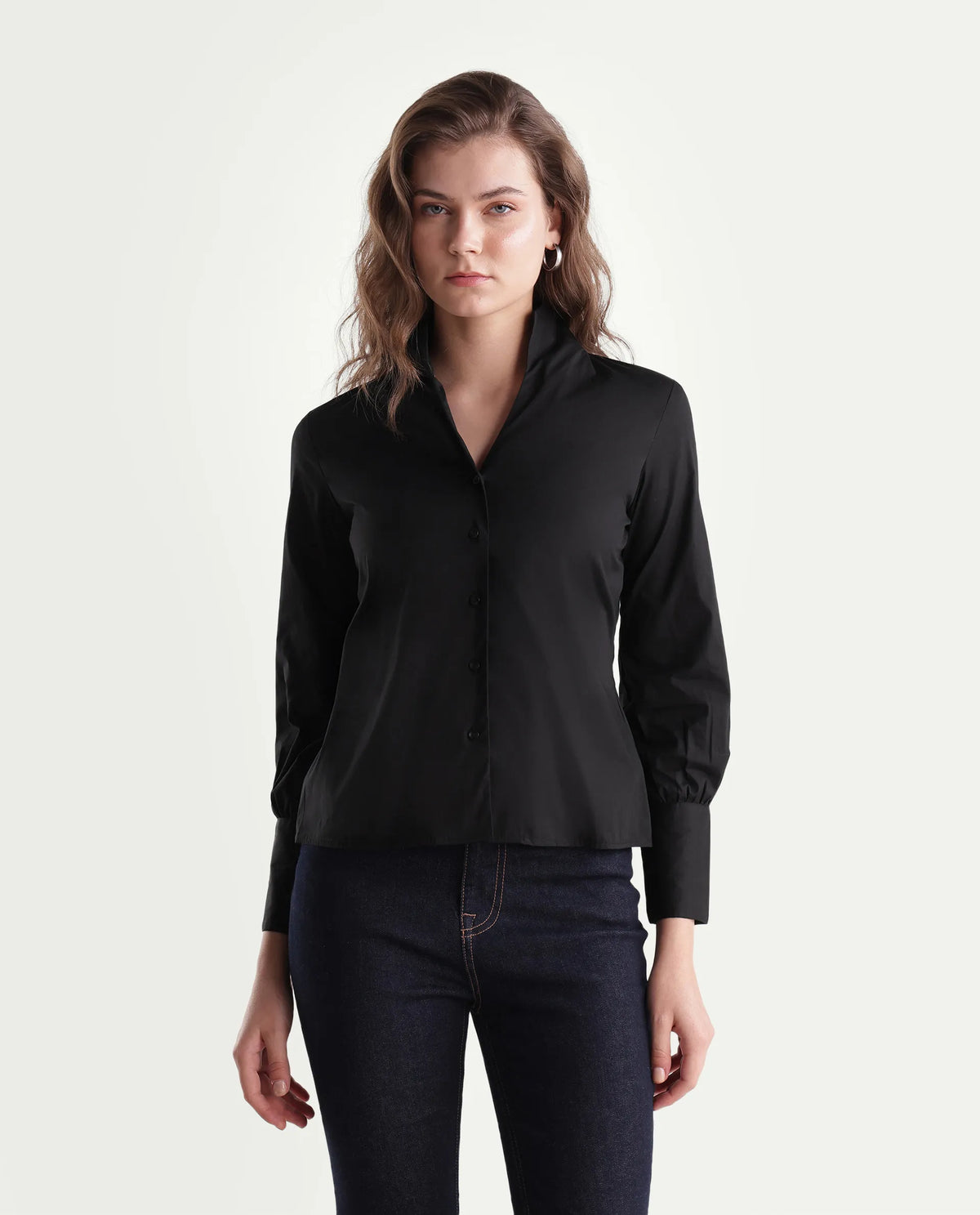 Rareism Women Onwynd Primary Black Cotton Blend Stand Collar Plain Regular Shirt