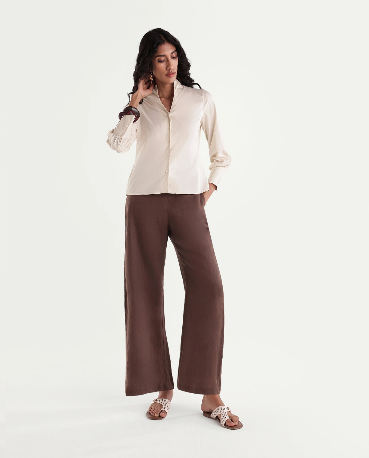 Rareism Women Onwynd Primary Beige Cotton Blend Stand Collar Plain Regular Shirt