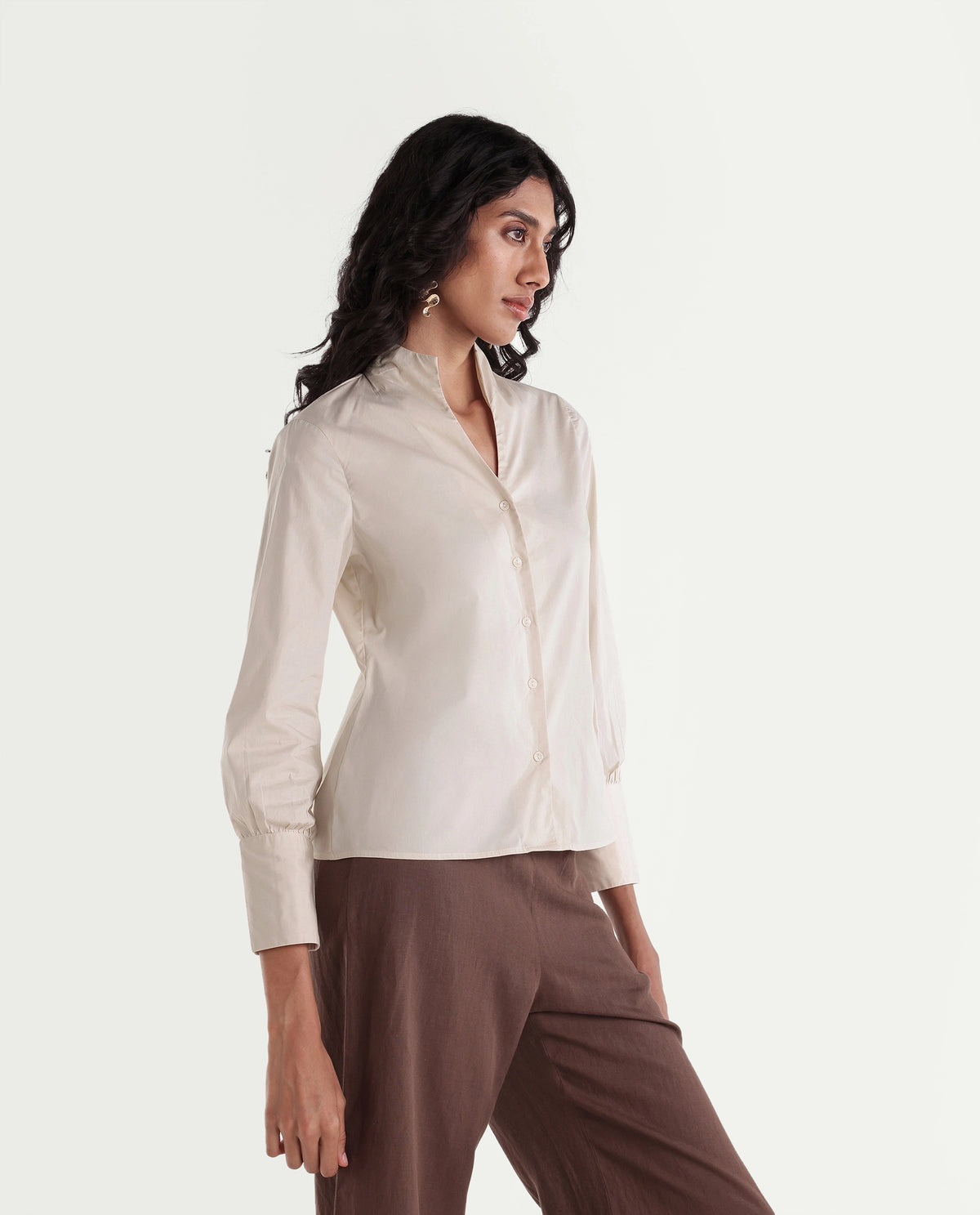 Rareism Women Onwynd Primary Beige Cotton Blend Stand Collar Plain Regular Shirt