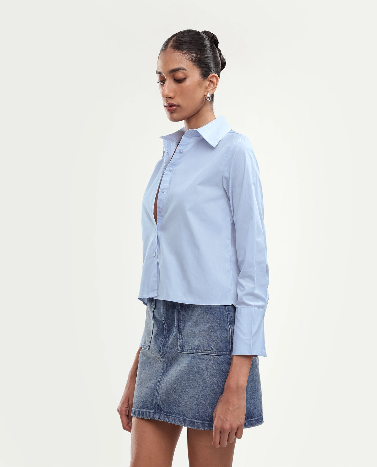 Rareism Women Onwrop Light Blue Cotton Blend Spread Collar Plain Regular Shirt