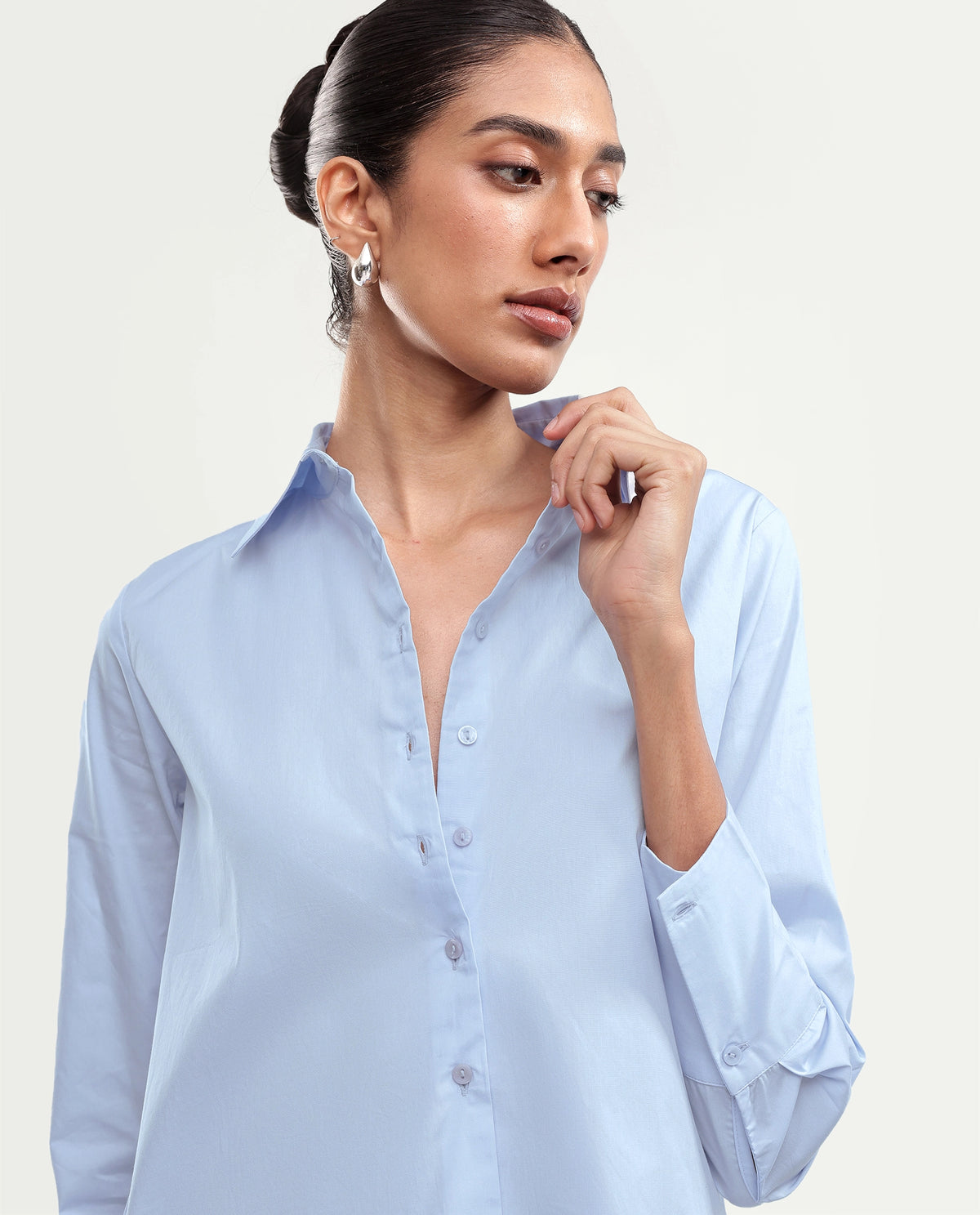 Rareism Women Onwrop Light Blue Cotton Blend Spread Collar Plain Regular Shirt
