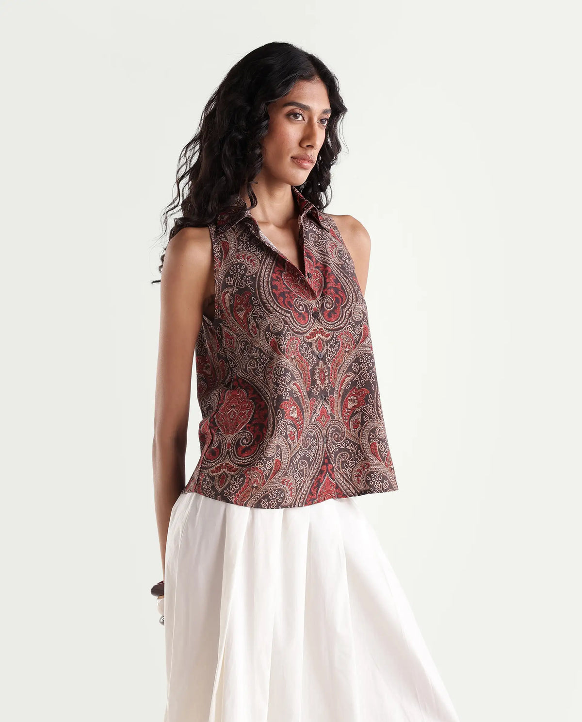 Rareism Womens Hellow Red Viscose Spread Collar Regular Paisley Print Top