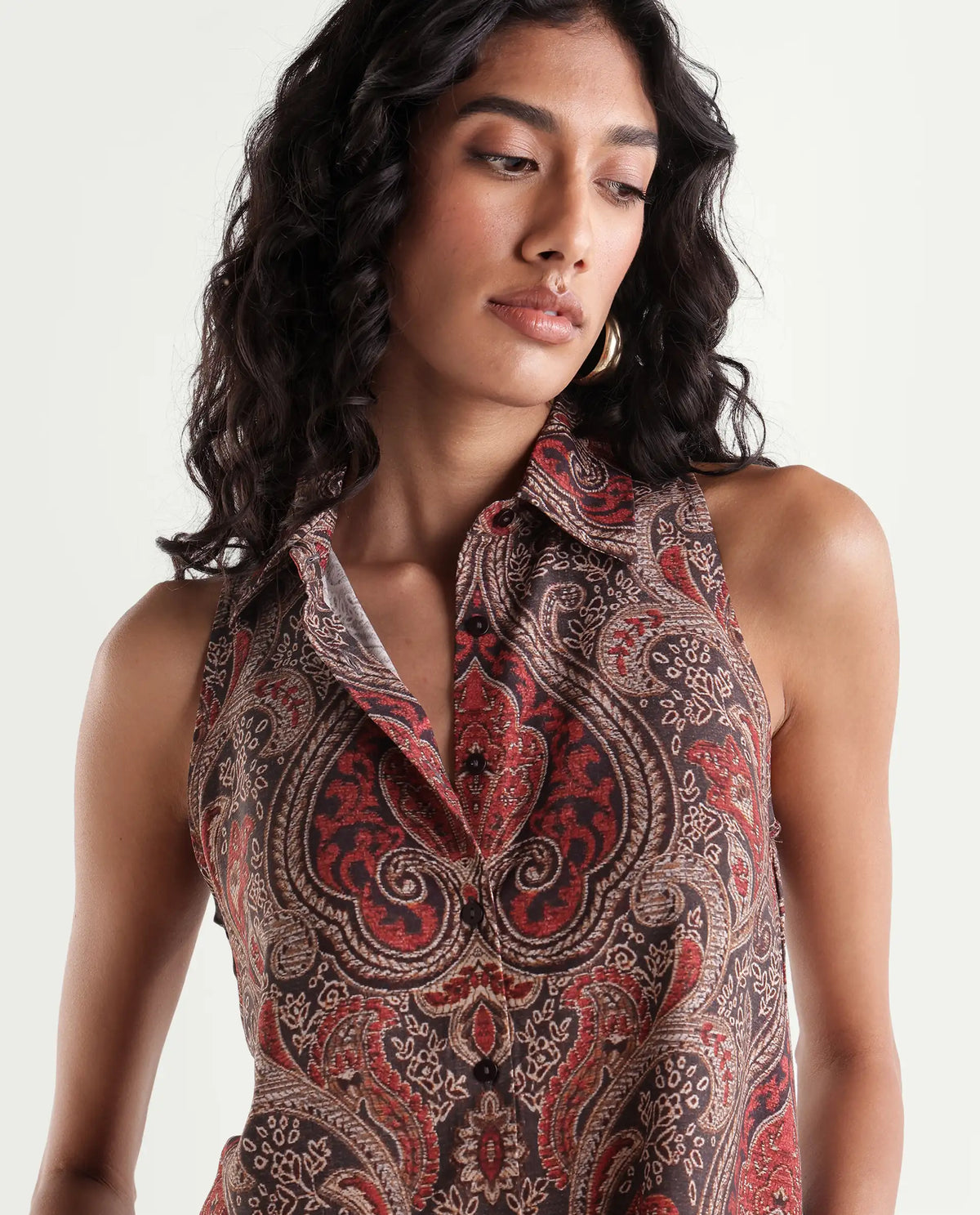 Rareism Womens Hellow Red Viscose Spread Collar Regular Paisley Print Top