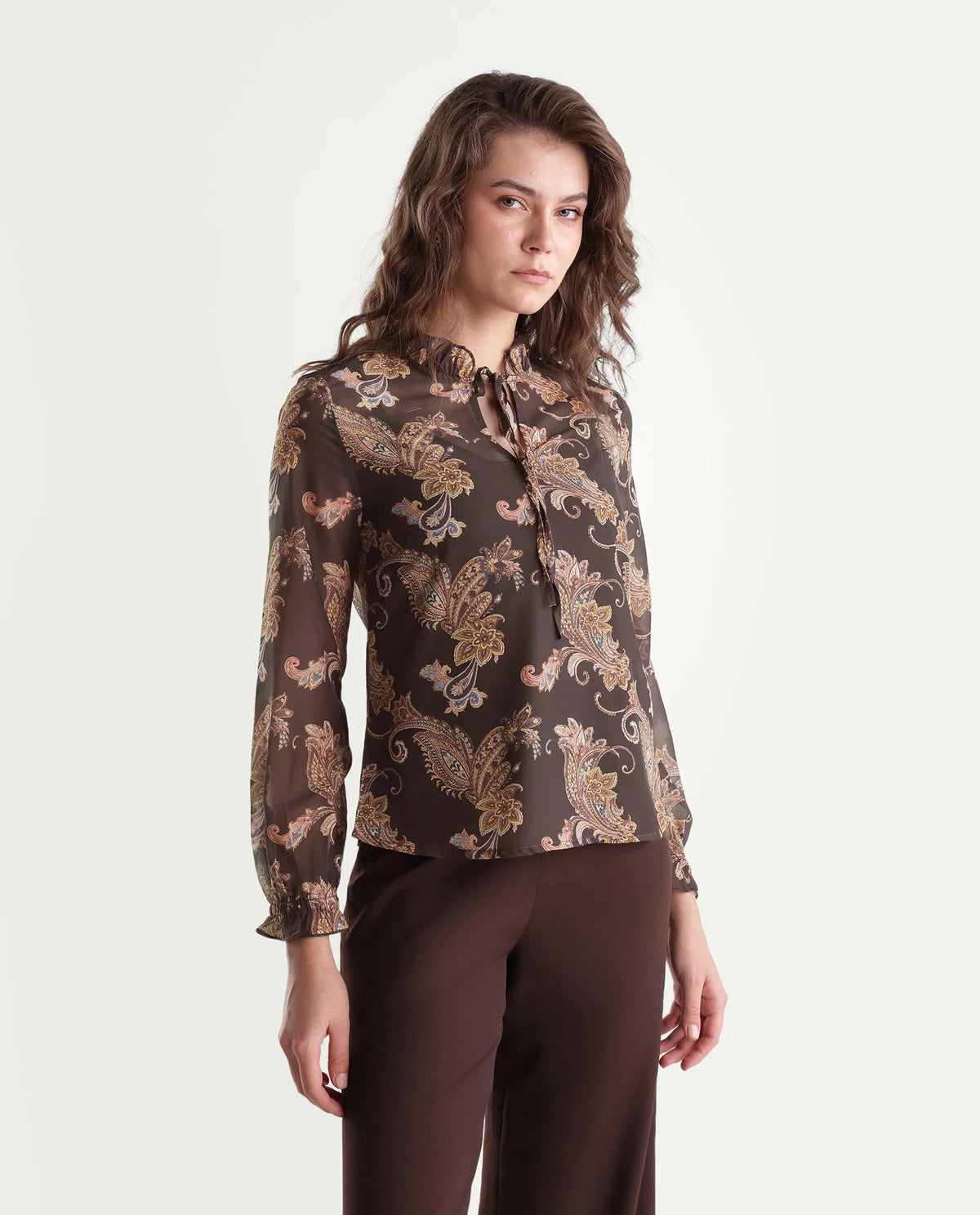 Rareism Womens Onfit Brown Polyester Regular Paisley Print Top