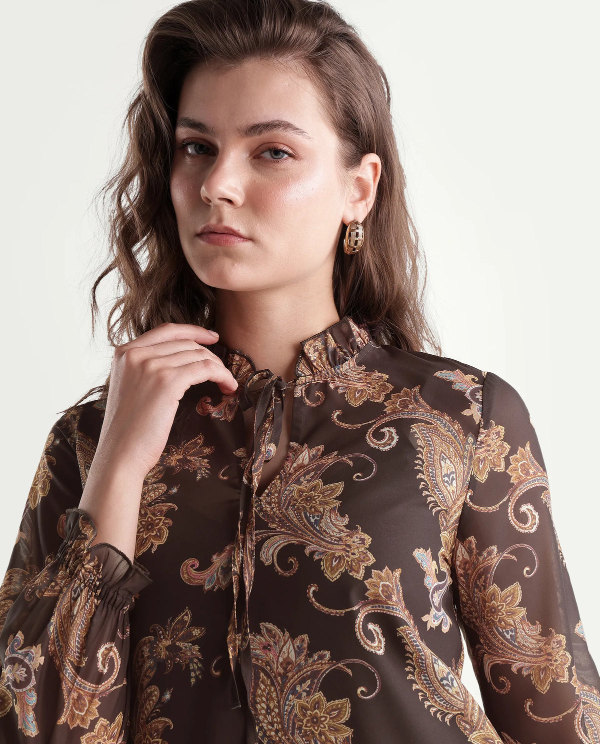 Rareism Womens Onfit Brown Polyester Regular Paisley Print Top