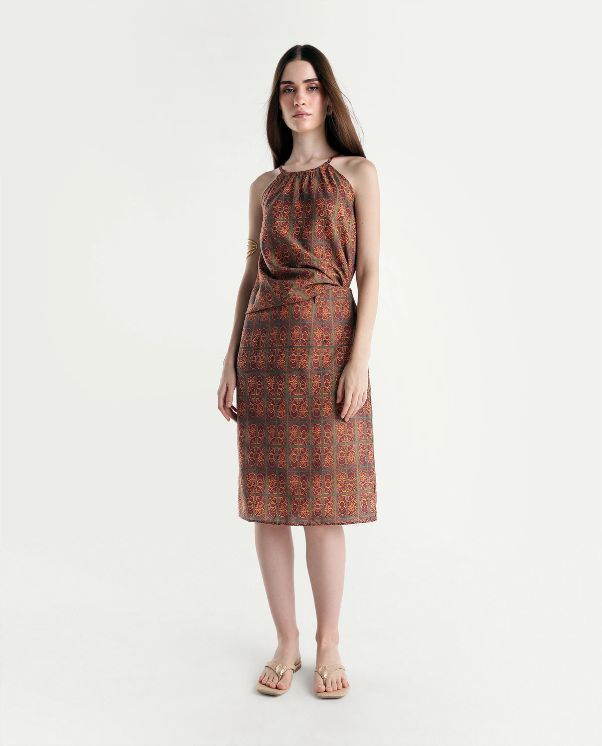 Rareism Womens Onfojo Mustard Viscose Blend Straight Ornamental Print Skirt