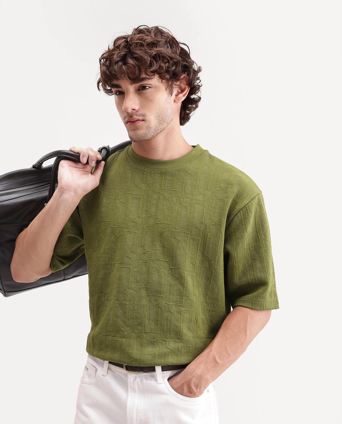 Rare Rabbit Mens Corin Olive Cotton Blend Crew Neck Regular Textured T-Shirt