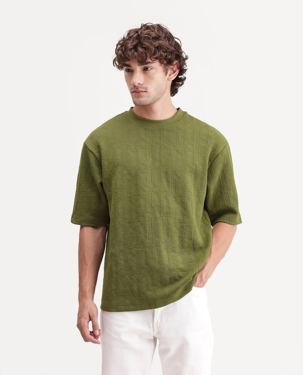 Rare Rabbit Mens Corin Olive Cotton Blend Crew Neck Regular Textured T-Shirt