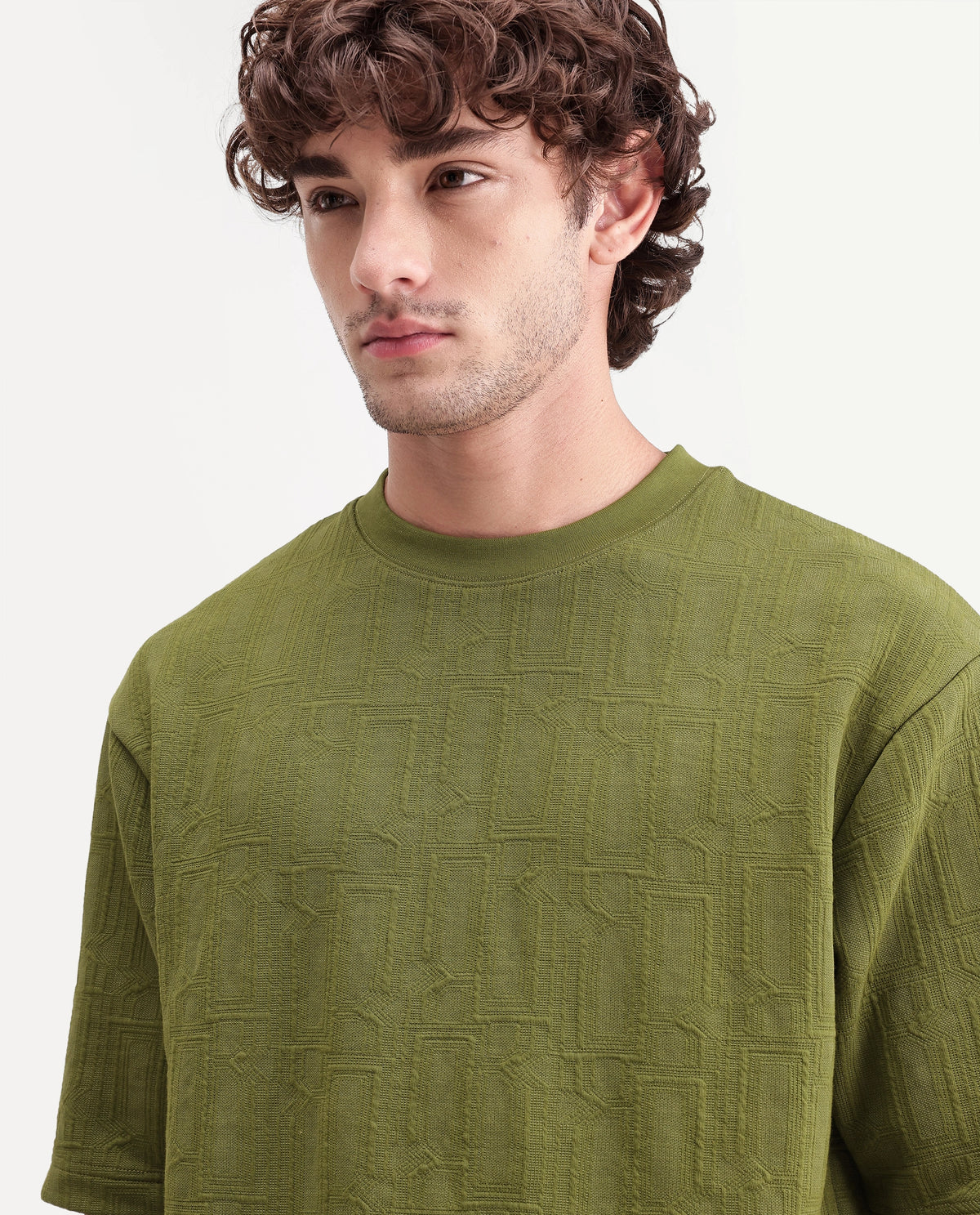 Rare Rabbit Mens Corin Olive Cotton Blend Crew Neck Regular Textured T-Shirt