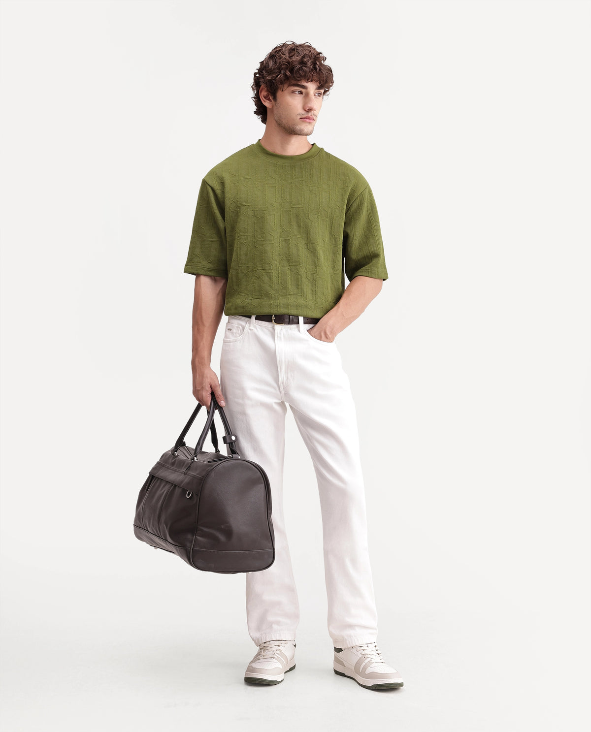 Rare Rabbit Mens Corin Olive Cotton Blend Crew Neck Regular Textured T-Shirt
