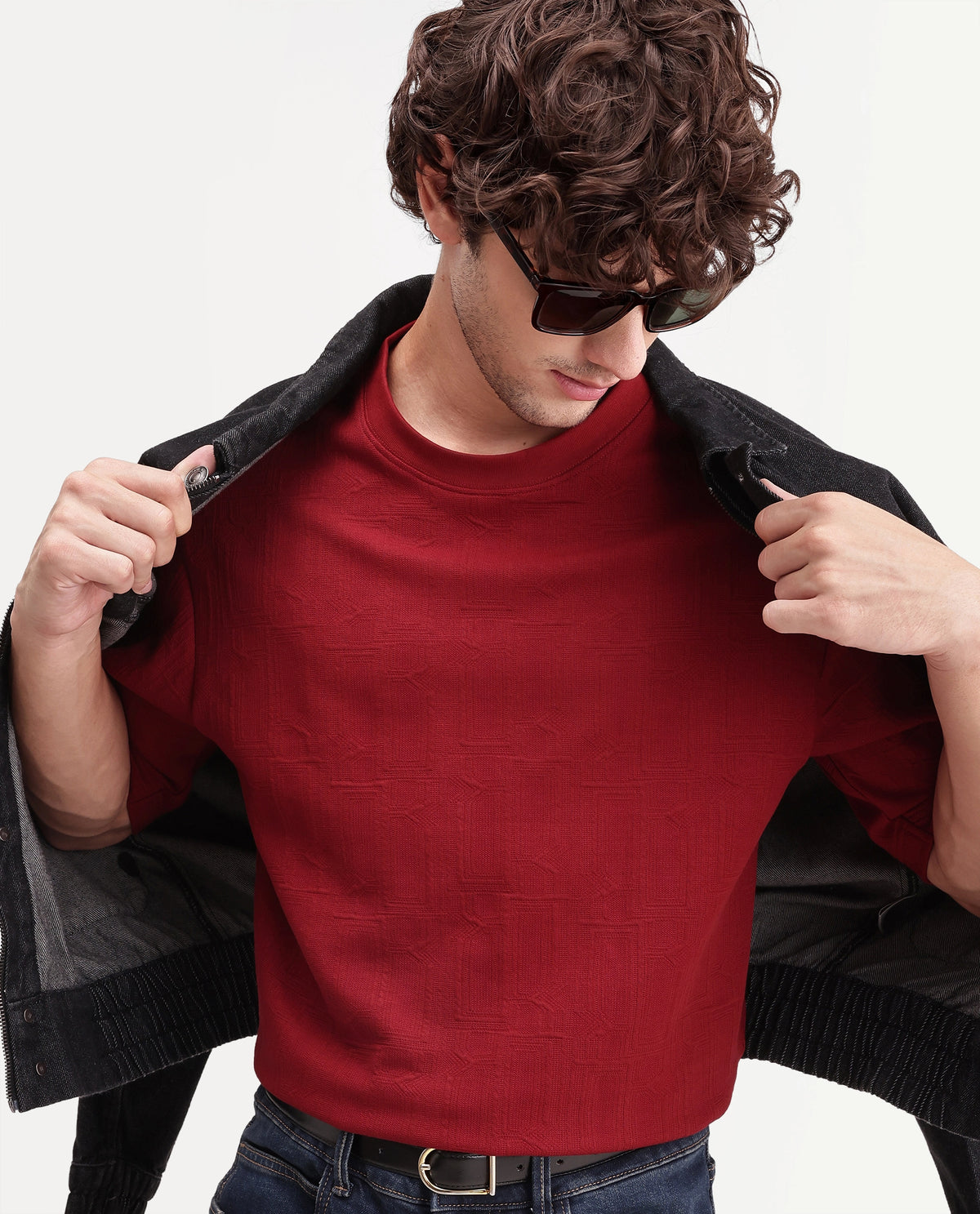 Rare Rabbit Mens Corin Dark Red Cotton Blend Crew Neck Regular Textured T-Shirt