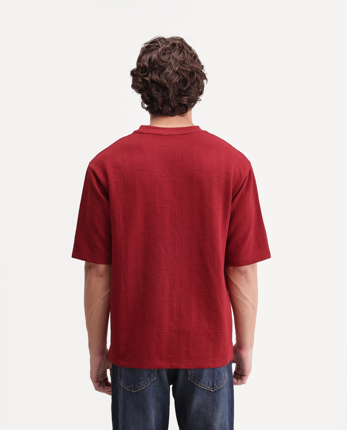 Rare Rabbit Mens Corin Dark Red Cotton Blend Crew Neck Regular Textured T-Shirt