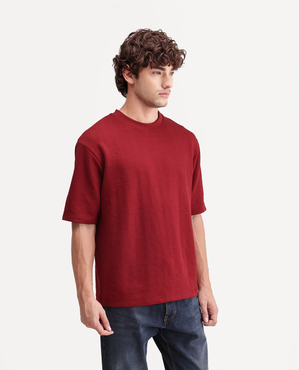 Rare Rabbit Mens Corin Dark Red Cotton Blend Crew Neck Regular Textured T-Shirt