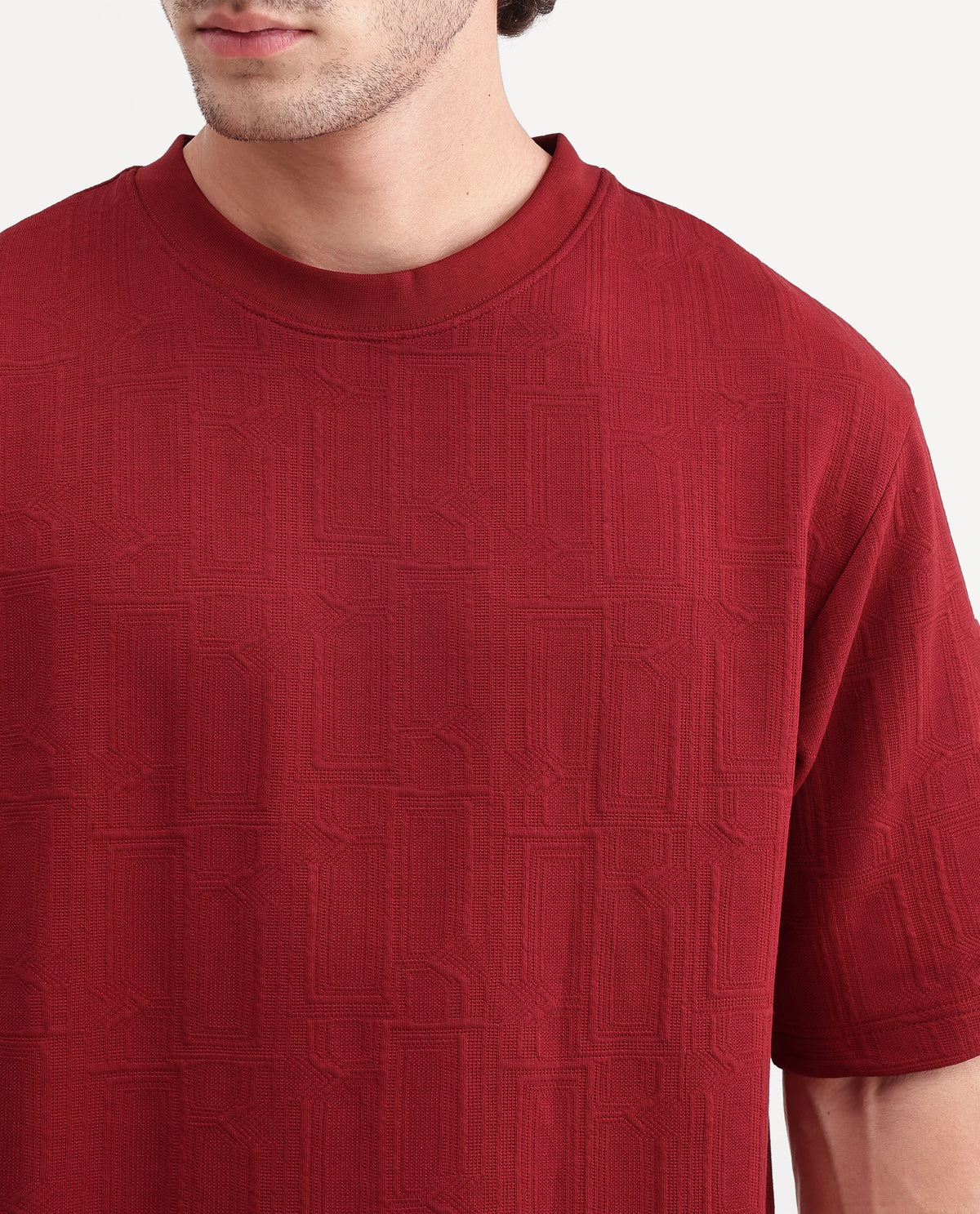 Rare Rabbit Mens Corin Dark Red Cotton Blend Crew Neck Regular Textured T-Shirt
