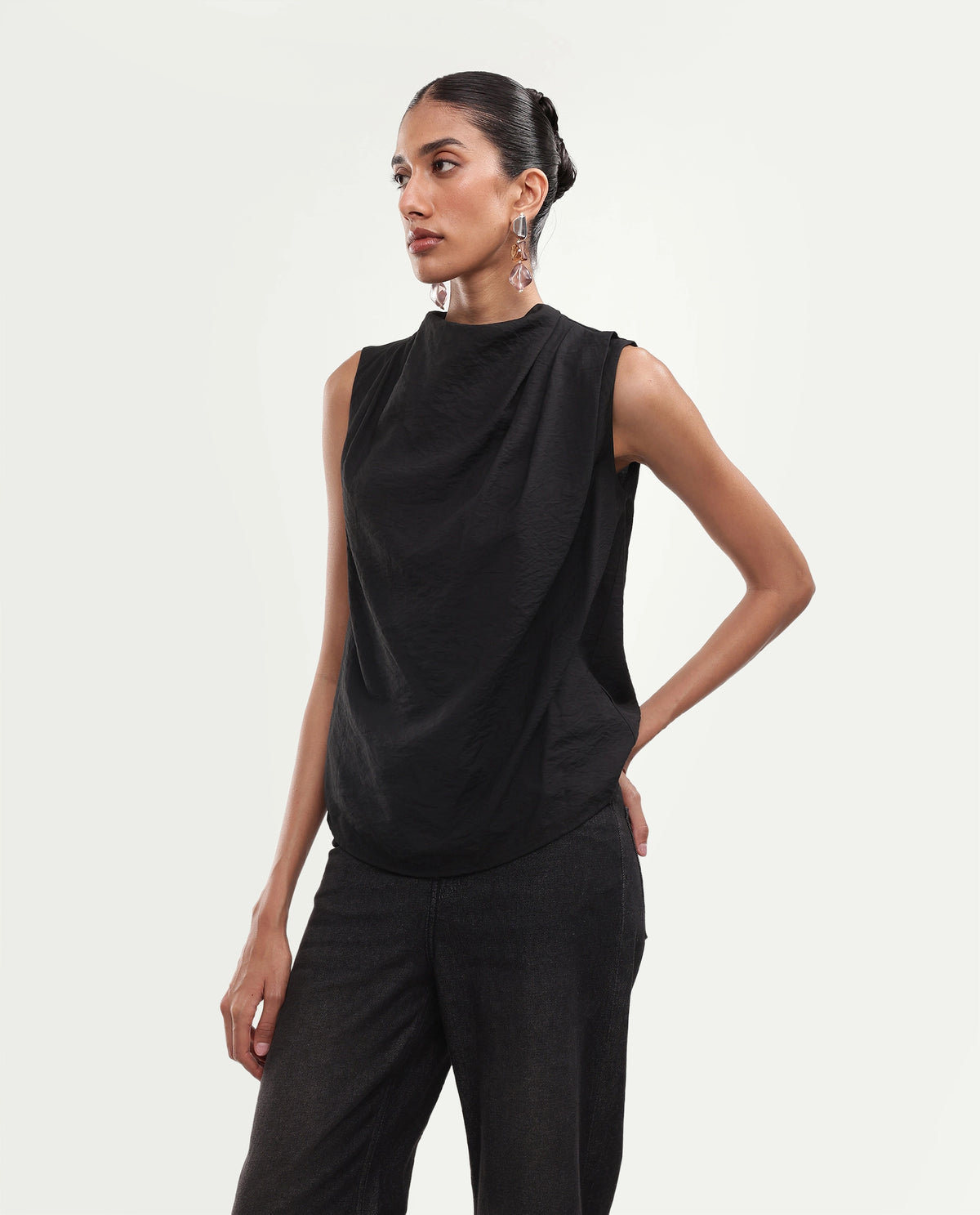Rareism Womens Onjowl Black Viscose Blend Cowl Neck Swing Plain Top
