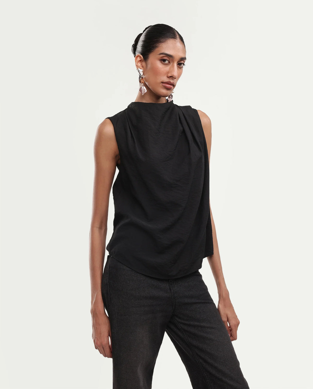 Rareism Womens Onjowl Black Viscose Blend Cowl Neck Swing Plain Top