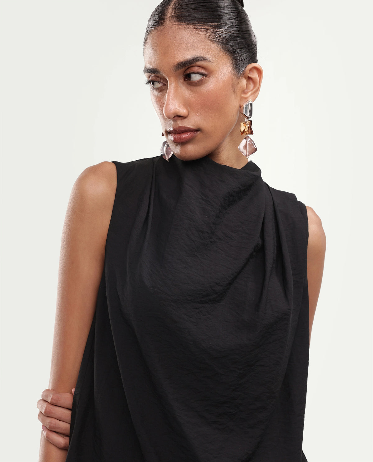 Rareism Womens Onjowl Black Viscose Blend Cowl Neck Swing Plain Top