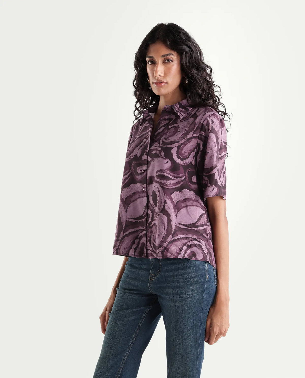 Rareism Womens Hack Dark Purple Viscose Spread Collar Regular Abstract Print Shirt