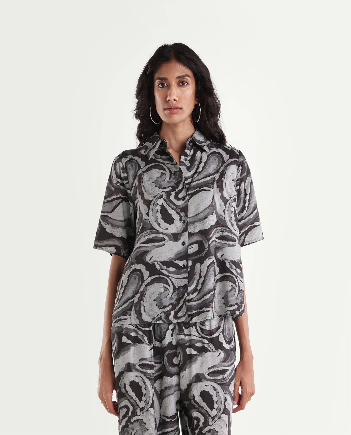 Rareism Womens Hacker Black Viscose Spread Collar Regular Abstract Print Shirt