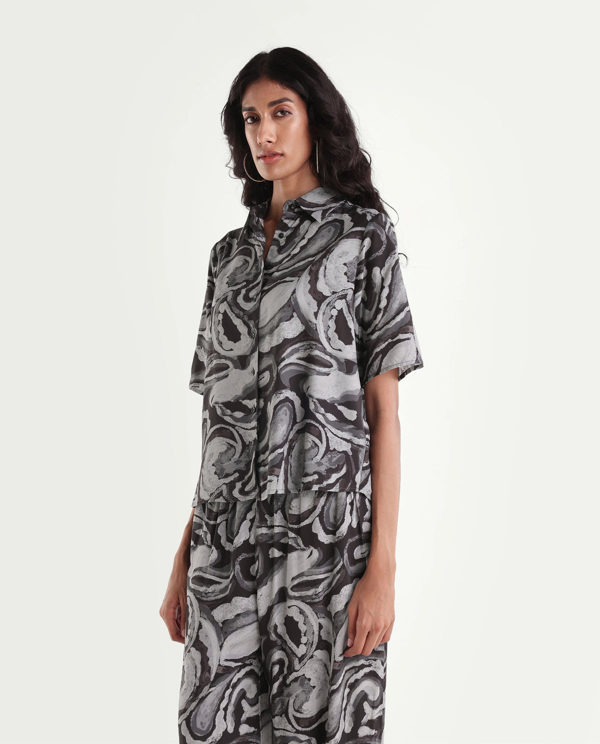 Rareism Womens Hacker Black Viscose Spread Collar Regular Abstract Print Shirt