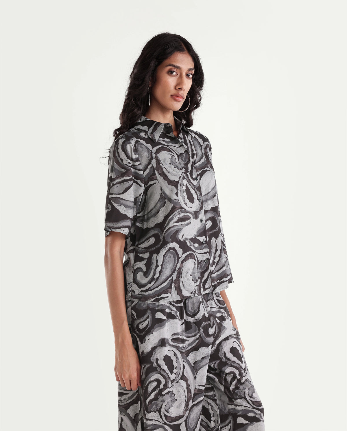 Rareism Womens Hacker Black Viscose Spread Collar Regular Abstract Print Shirt