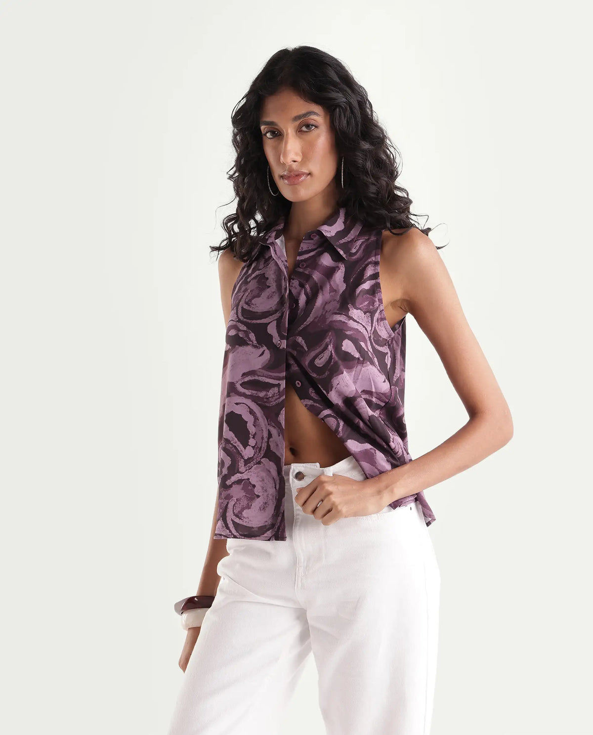 Rareism Womens Hammero Dark Purple Viscose Spread Collar Regular Abstract Print Shirt