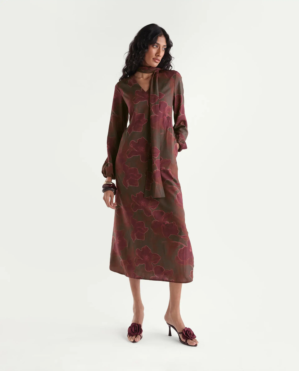 Rareism Womens Huke Dark Olive Viscose Tie-Up A-Line Abstract Print Dress