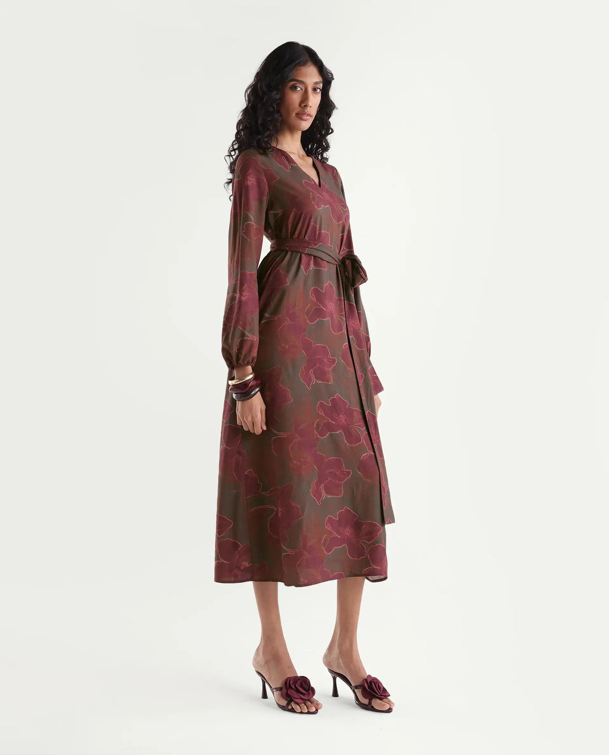 Rareism Womens Huke Dark Olive Viscose Tie-Up A-Line Abstract Print Dress
