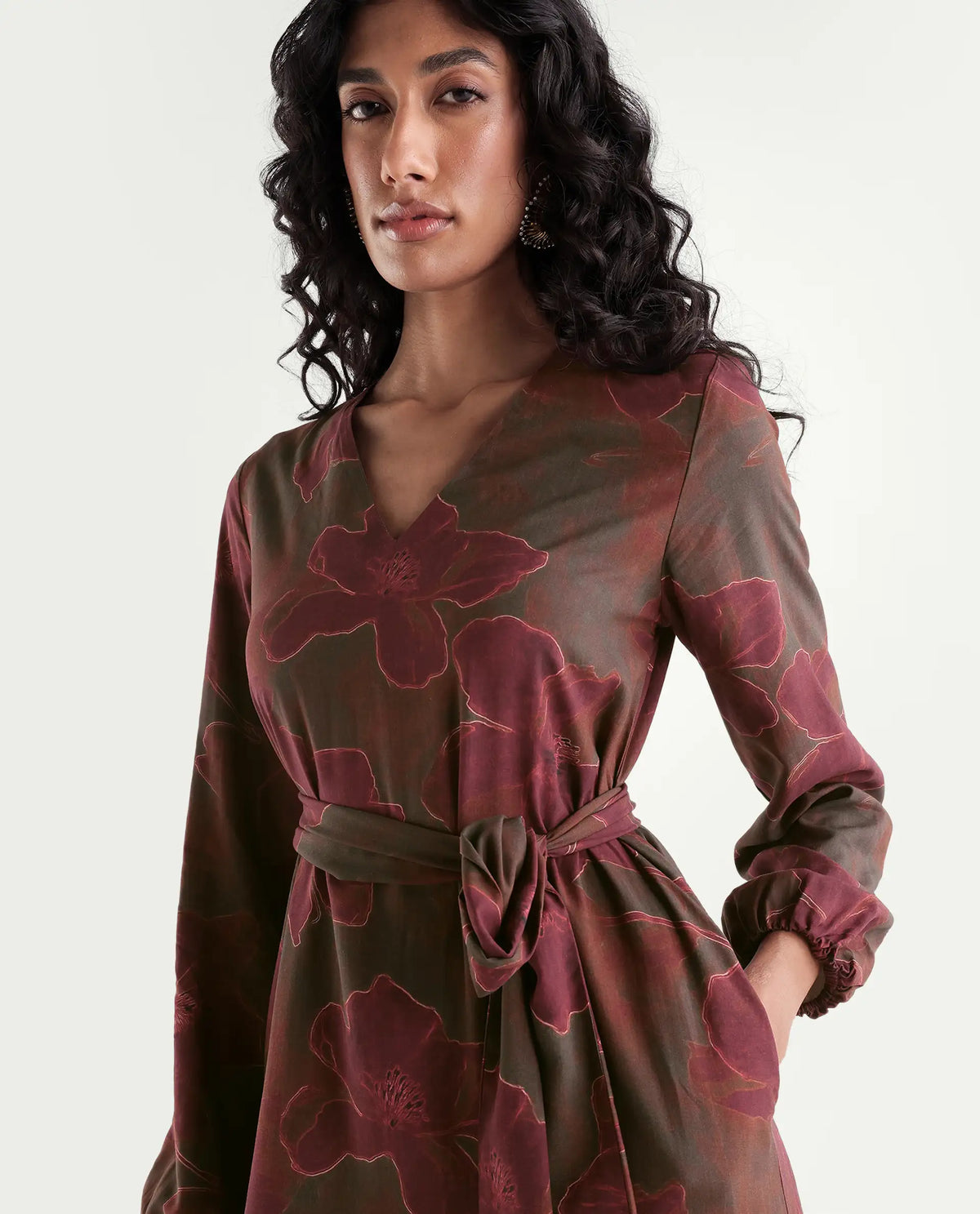 Rareism Womens Huke Dark Olive Viscose Tie-Up A-Line Abstract Print Dress